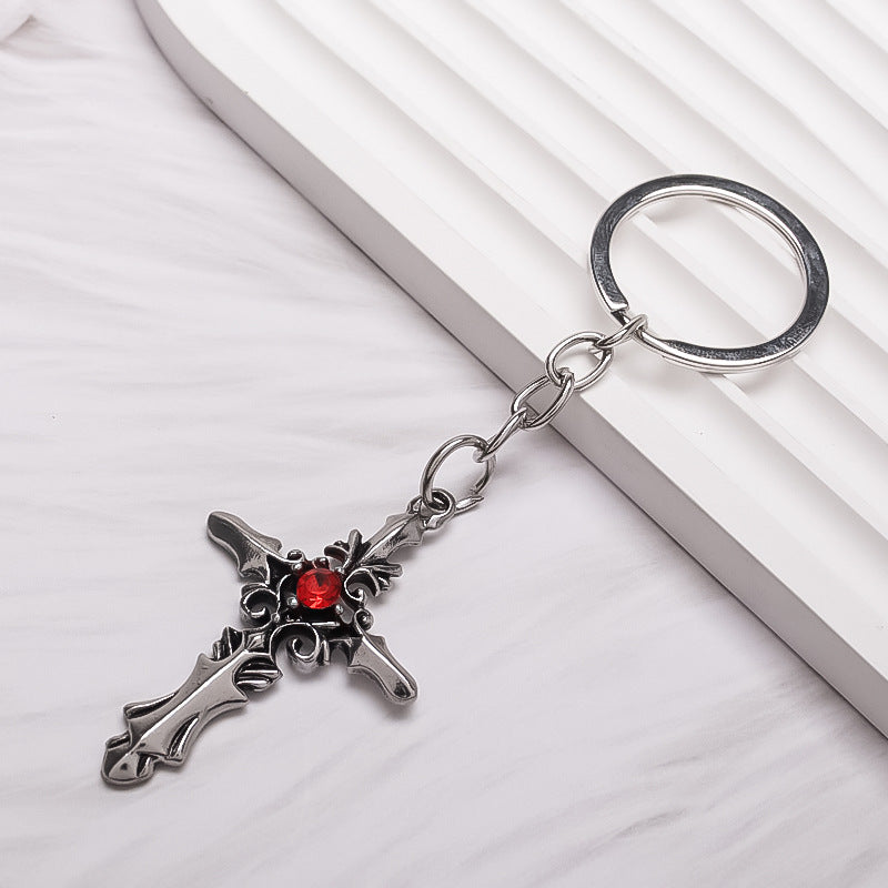 Wholesale Punk Alloy Diamond Cross Keychain Silver Plated Decorative Key Ring Fashion Accessory For Gift