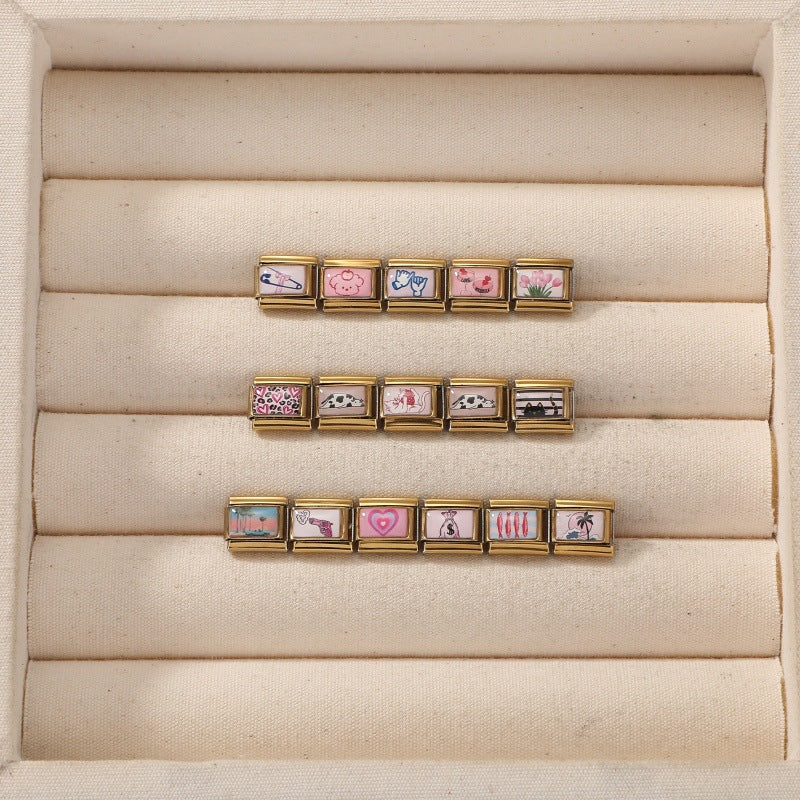 Wholesale Gold Plated Stainless Steel DIY Italian Modular Bracelet Charms Pink Cute Fashion Jewelry Accessory For Boutique Resale