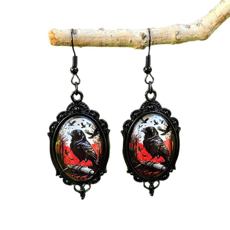 Wholesale Halloween Black Crow Time Gemstone Pendant Earrings