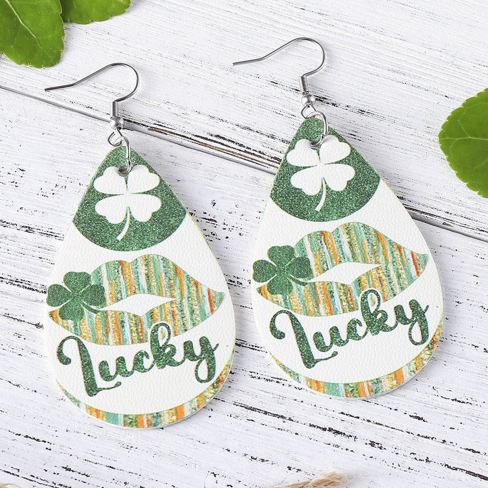 Wholesale St Patrick's Day dwarf beer round drop pendant PU  double-sided earrings