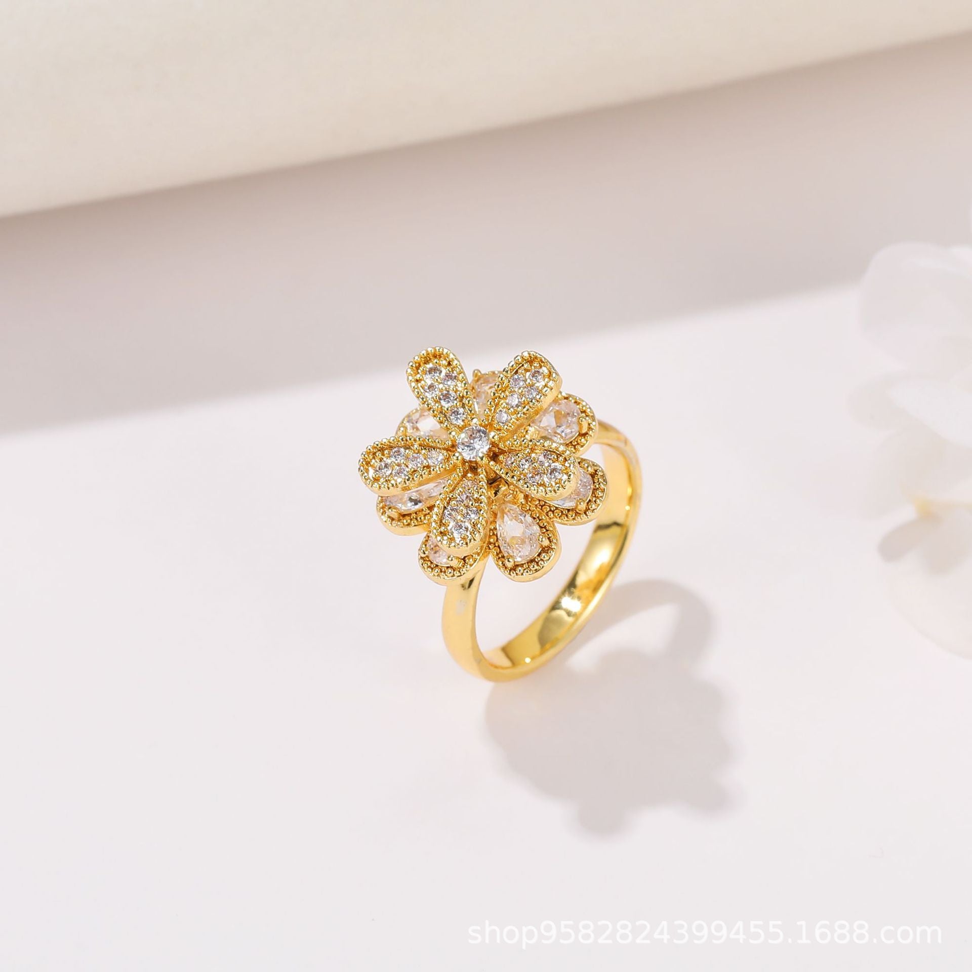 Wholesale 360° Rotating Double-Layer Flower Ring Gold Plated Zircon Fashion Accessory Boutique Gift