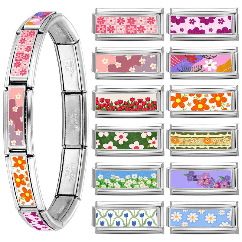 Wholesale 9mm Italian Charm Starter Bracelets DIY Flower Long Bracelet Stainless Steel Composable Bracelet