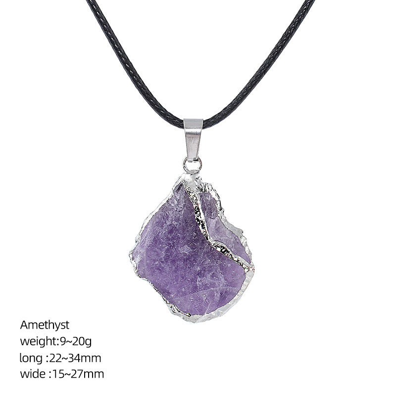 Wholesale Natural Crystal Raw Stone Pendant Necklace with Leather Rope Chain Irregular Hand-Hammered Electroplated Fashion Jewelry