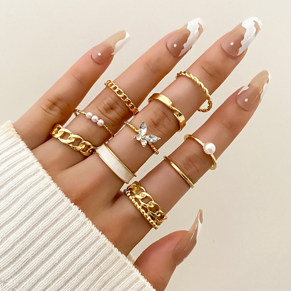 Wholesale 10pcs/set Vintage Style Pearl Embedded Chain Link Ring Set