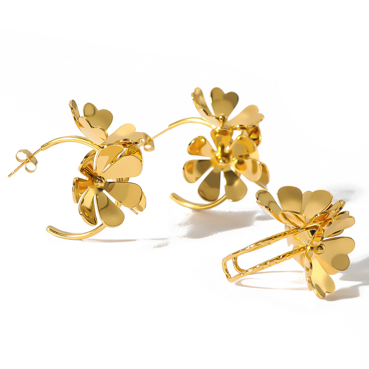 Wholesale stainless steel 18K real gold three-dimensional flower opening earrings ring