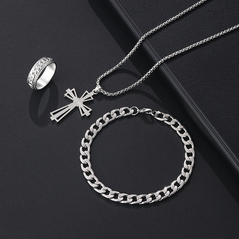 Wholesale Stylish Black Cross Crown Roman Numeral 3 Piece Jewelry Set Necklace Bracelet Ring Fashion Accessory Gift