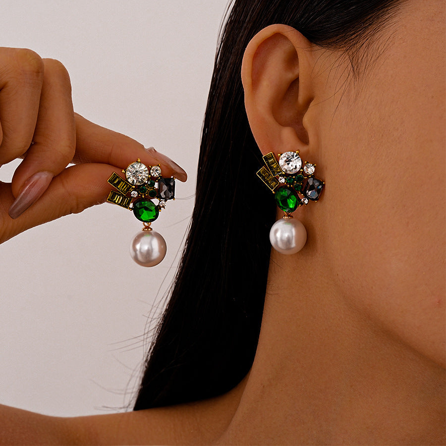 Wholesale Vintage Geometric Silver Needle Earrings with Diamond and Pearl