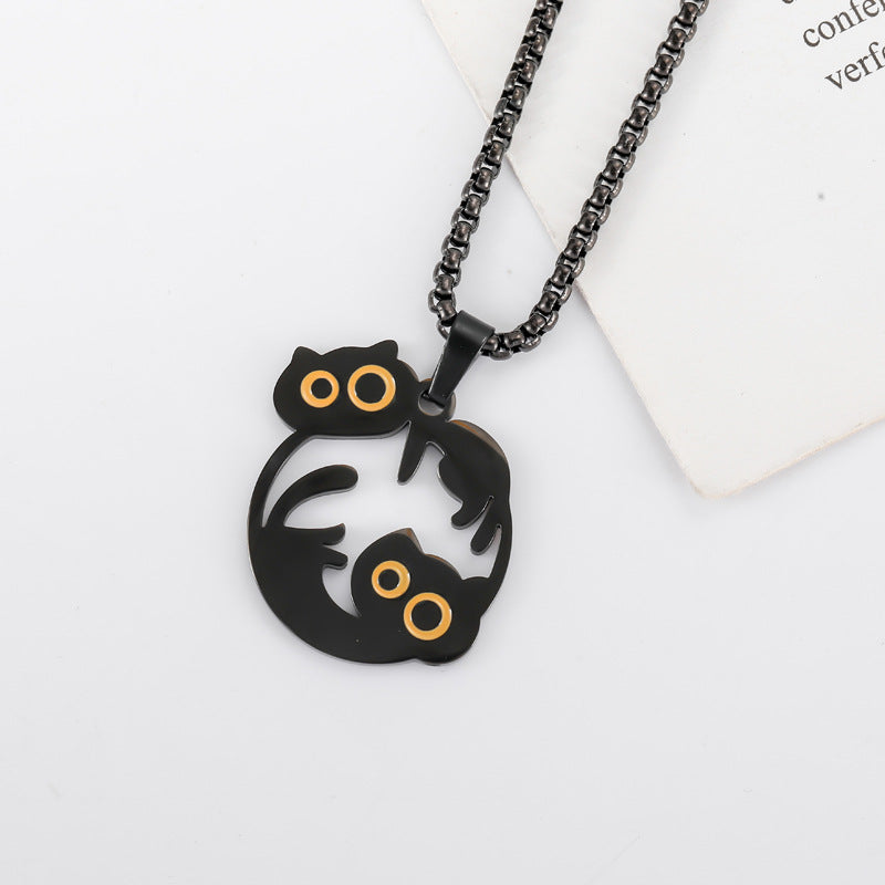Wholesale titanium steel cartoon black cat necklace