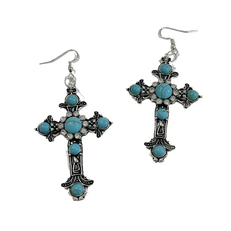 Wholesale New vintage-style,  distinctive cross earrings and necklace set,  featuring creatively distressed,  turquoise-inlaid pendants