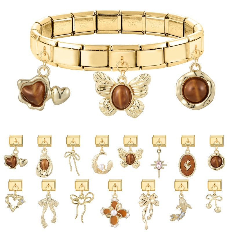 Wholesale Stainless Steel DIY Charm Bracelet Pendant with Gold Heart and Flowers Jewelry Accessory