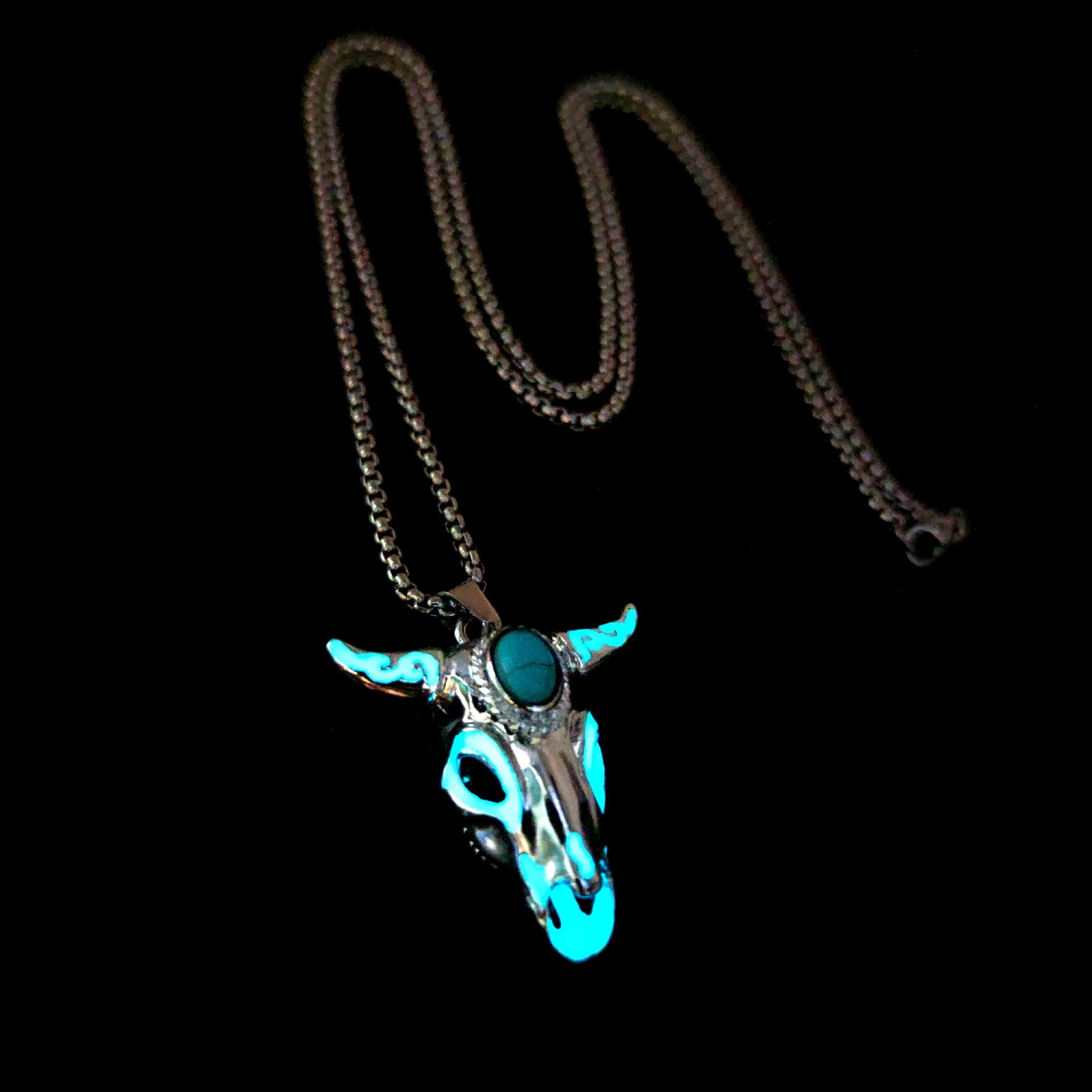 Wholesale Retro Punk Turquoise Titanium Steel Skull Bull Head Stainless Steel Pendant Necklaces ACC-NE-BYJY001