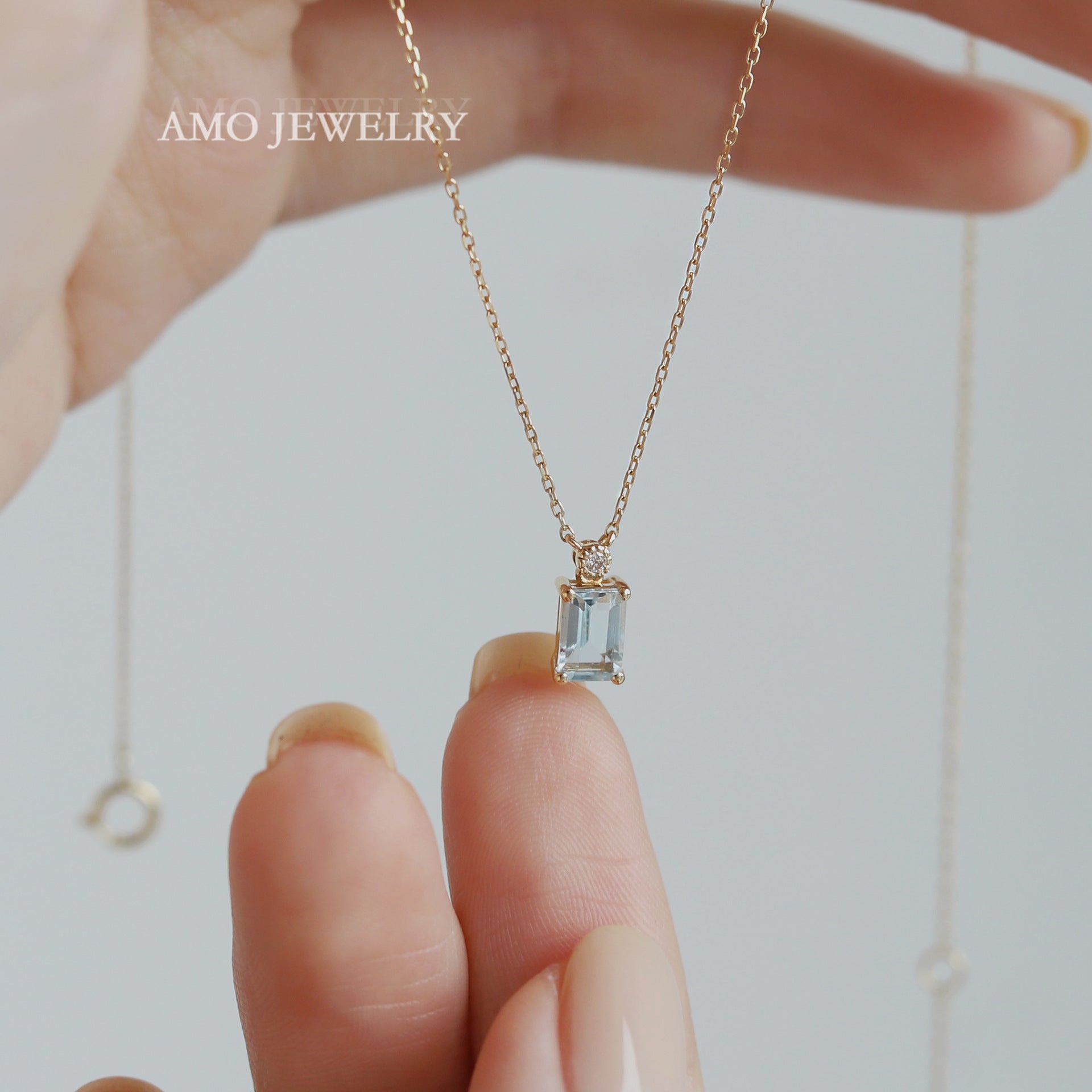 Wholesale 925 Sterling Silver Plated 18k Gold Square Aquamarine Collarbone Necklaces