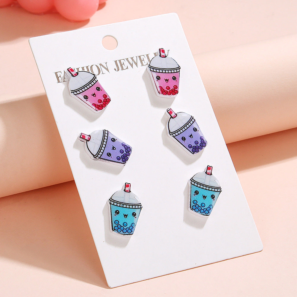 Wholesale  Acrylic Cartoon Pearl Milk Tea Drink Cup Three-Piece Set Earrings
