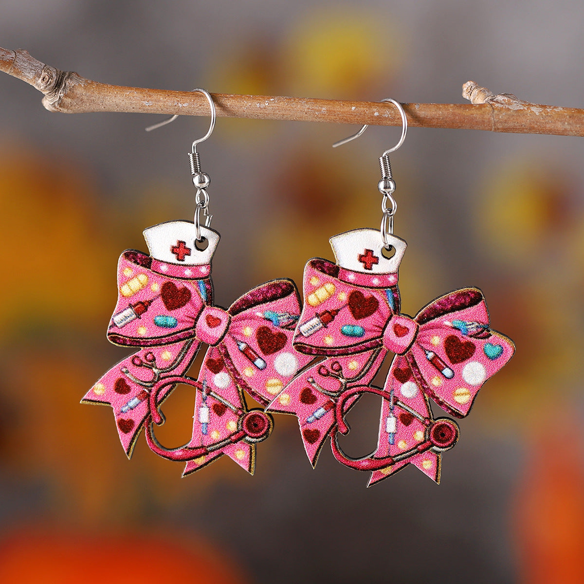 Wholesale Nurses' Day Pink Love Heart Nurse Hat Stethoscope Bow Pendant Earrings