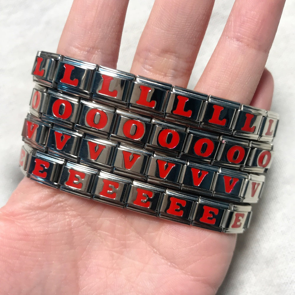 Wholesale  Italian titanium steel Red English letters DIY module bracelet Italian charm bracelet