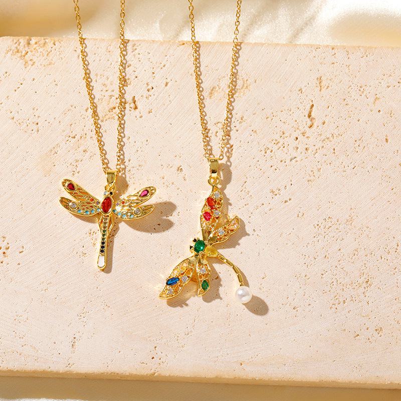 Wholesale  copper plated 18k gold zircon dragonfly pendant painted necklace
