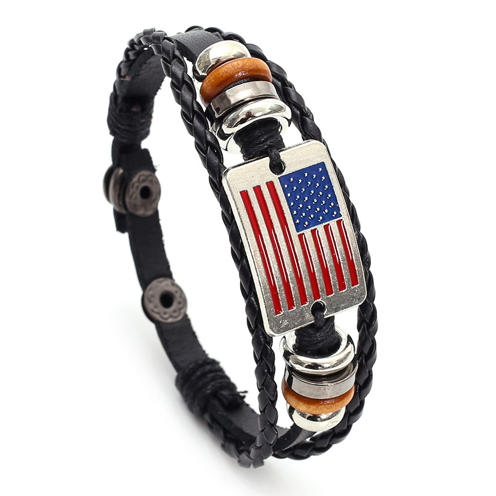 Wholesale Handmade Cowhide Leather Braided Bracelet Retro Flag Design Unisex Fashion Jewelry Gift