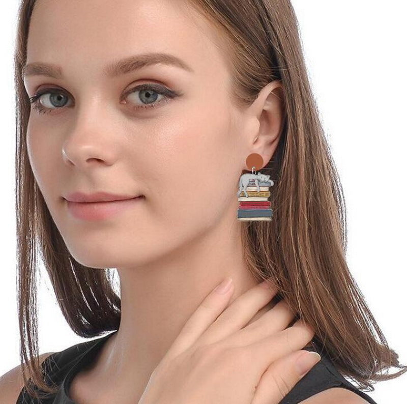 Wholesale Exaggerated European and American Characters Book Book Tree Education Rainbow School Back-to-School Season Girl Cat Teacher Earrings Studs