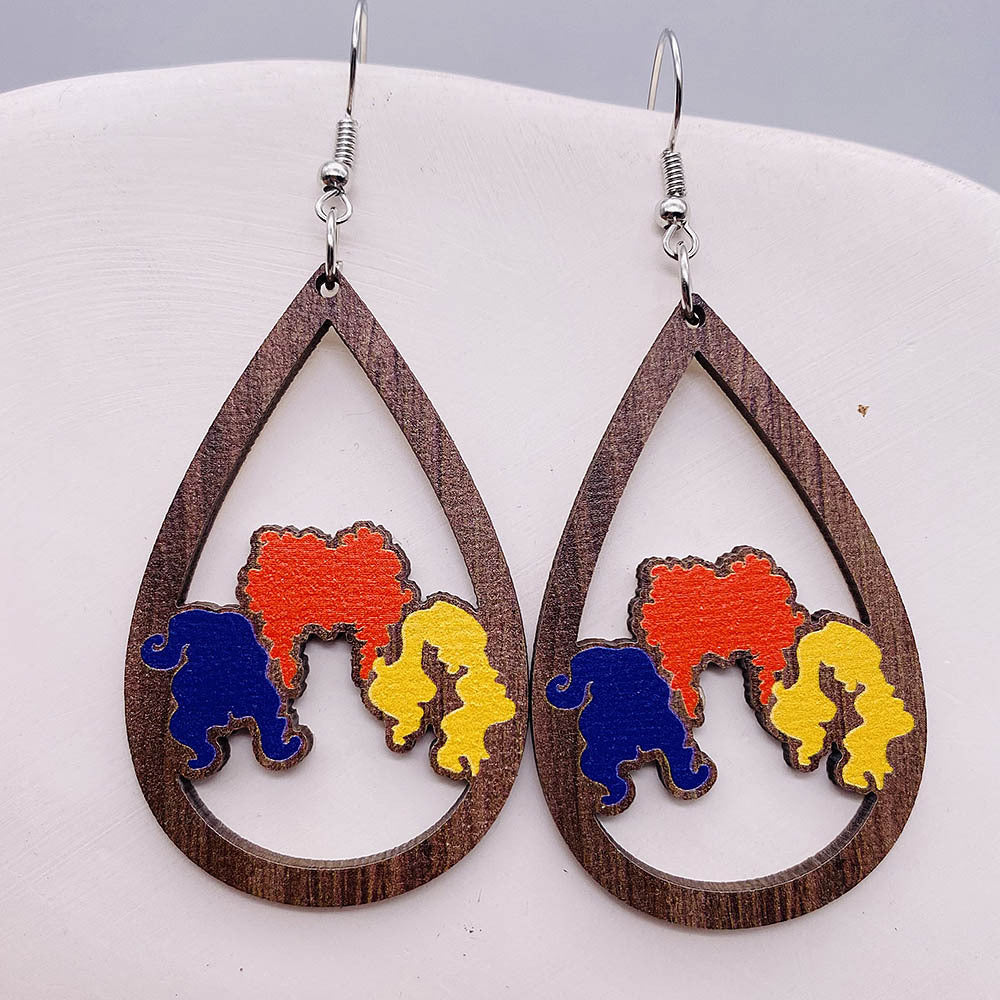 Wholesale Ghost Wooden Earrings Pumpkin Spider Skull Bat Water Drop Wooden Earrings