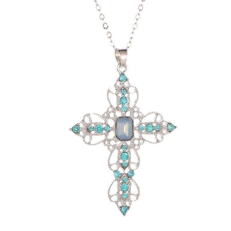 Wholesale Bohemian Hollow Rhinestone Cross Necklace Alloy Electroplated Choker Jewelry Gift