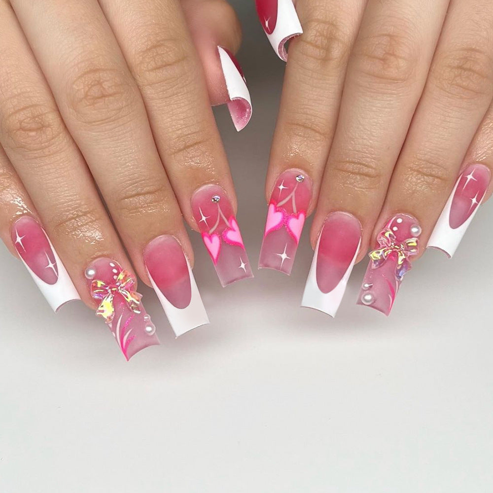 Wholesale 24 Pieces/box Pink Gradient Bow Press-on Nails Kits Nail Stickers ACC-NS-SanWei005