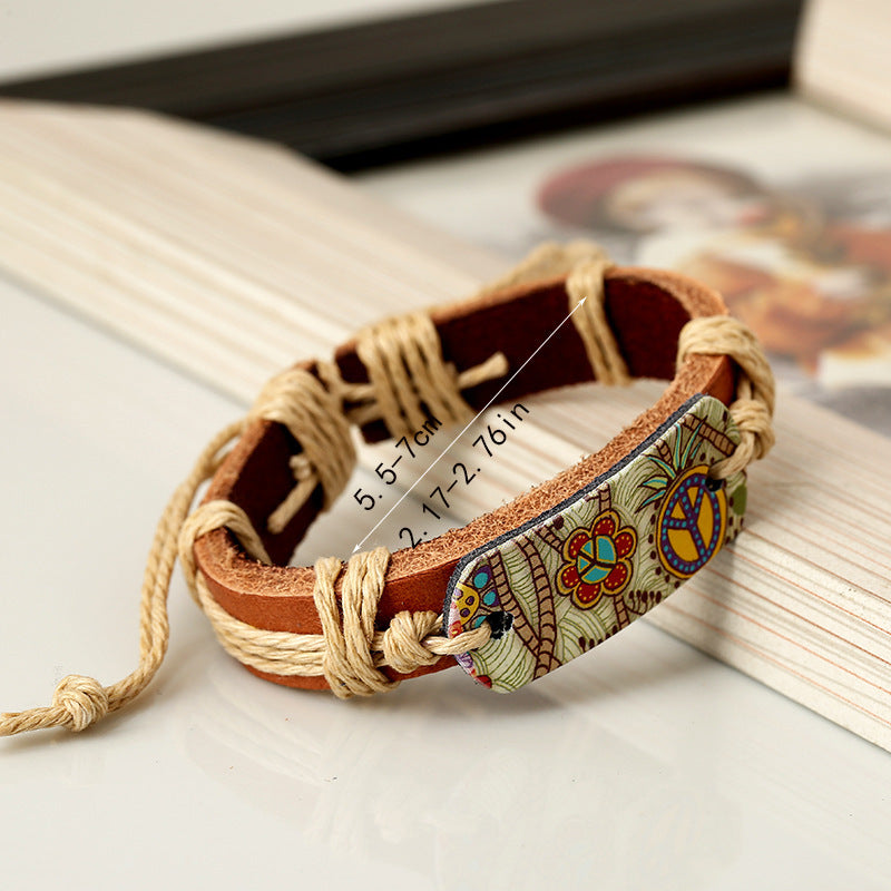 Wholesale Vintage Peace Sign Braided Leather Bracelet Unisex Handmade Fashion Accessory