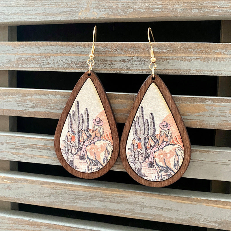 Wholesale Western Style Vintage Wood Earrings Aztec Water Drop Earrings ACC-ES-XinChuan040