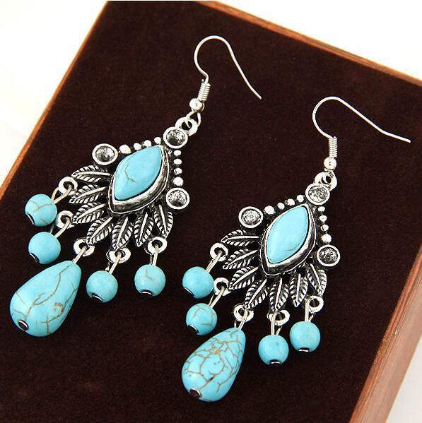 Wholesale  personality turquoise branches and leaves tassel earrings