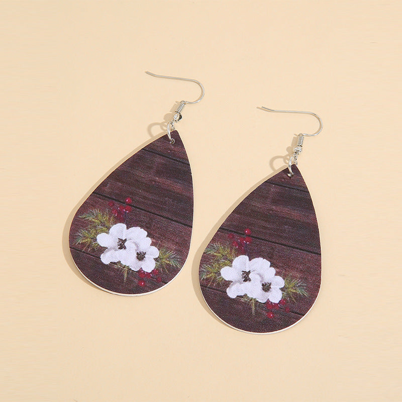 Wholesale Retro Large Water Drop Wooden Leather Earrings