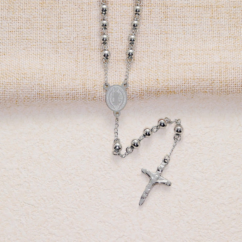 Wholesale  Round Bead Chain Stainless Steel Priest Cross Necklace Jewelry