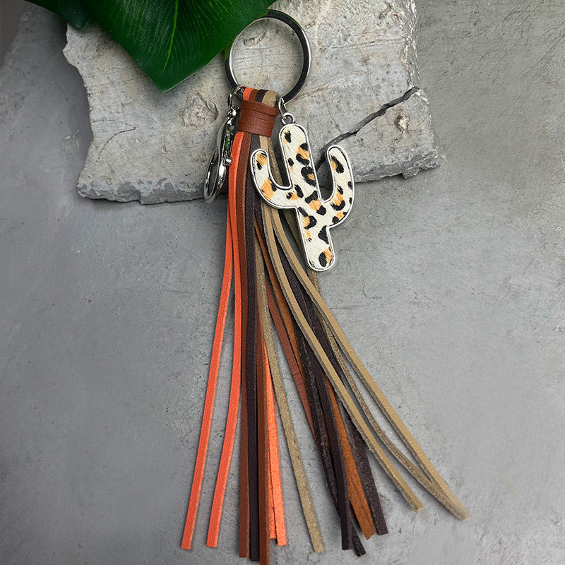 Wholesale 2pcs/pack Western Style Cactus Tassel Genuine Leather Horse Hair Keychain ACC-KC-HY016