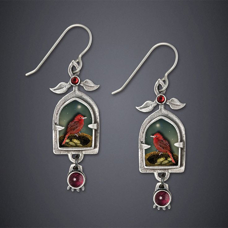 Wholesale  cat pattern geometric earrings  retro rectangular metal inlaid red gem handmade earrings