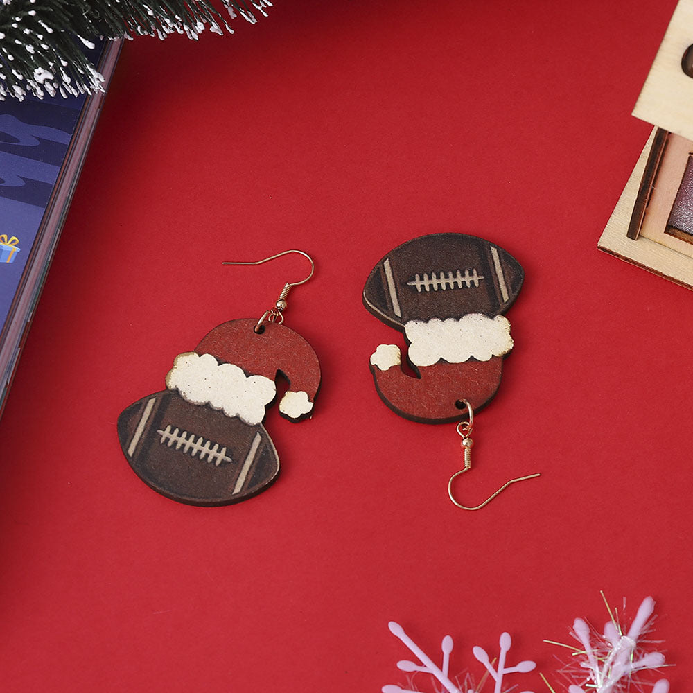 Wholesale Christmas Santa hat rugby pendant earrings wooden double-sided earrings