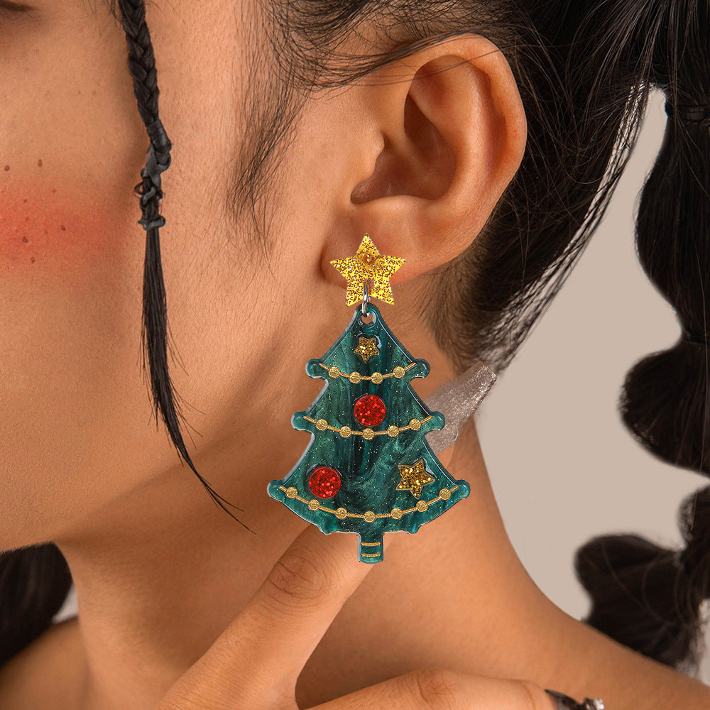 Wholesale  Acrylic  Five-Pointed Star Green Pink Christmas Tree Earrings