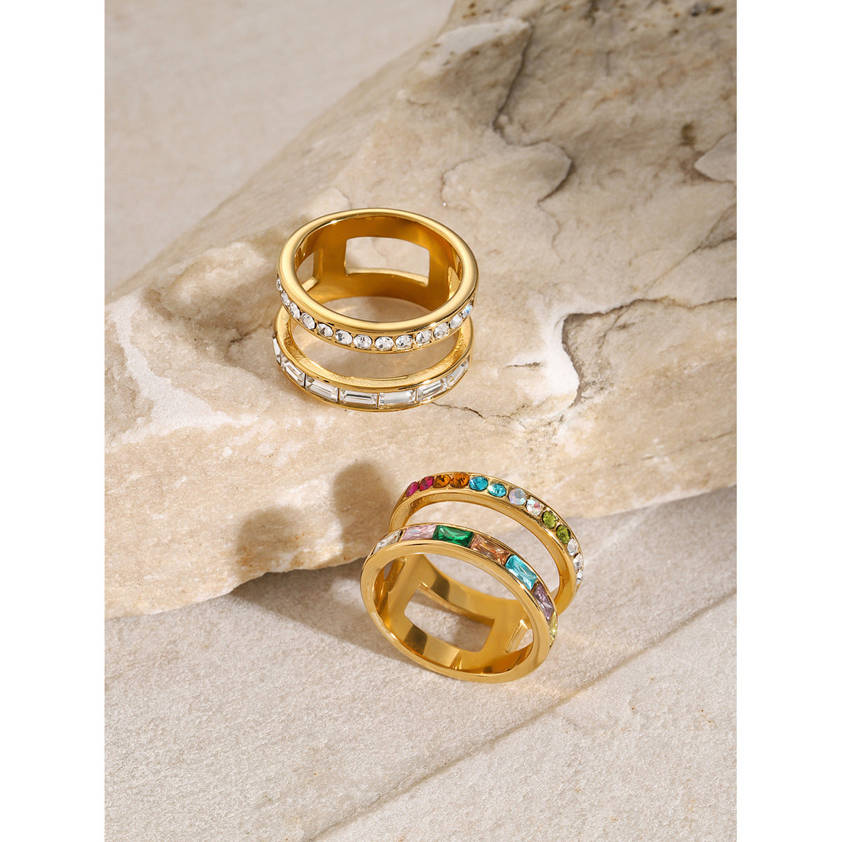 Wholesale 18K Gold Stainless Steel Ring  Double Layer White Round Rectangular Zircon  Ring