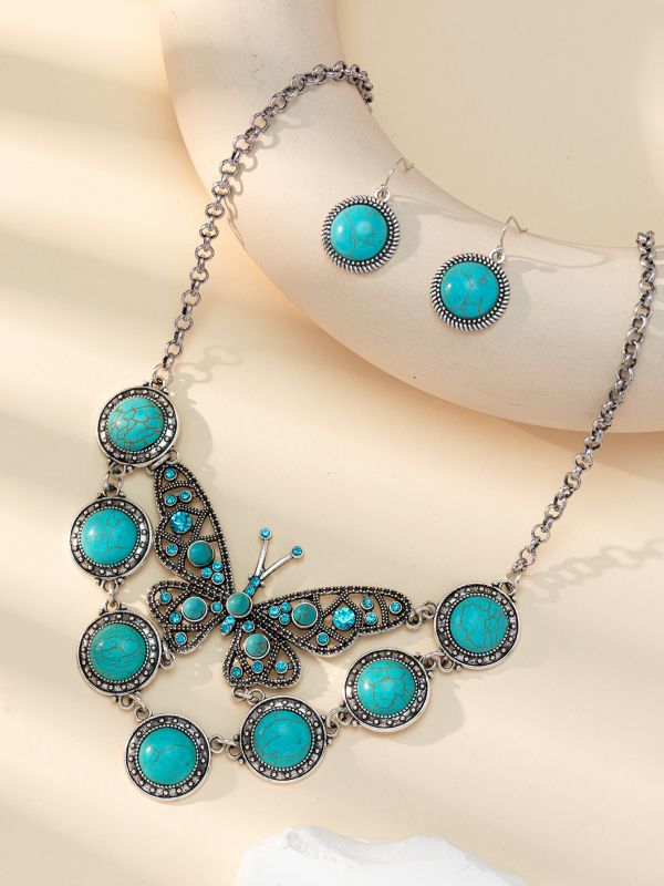 Wholesale Boho Vintage Turquoise Butterfly Necklace Earrings Set ACC-NE-Gaoz004