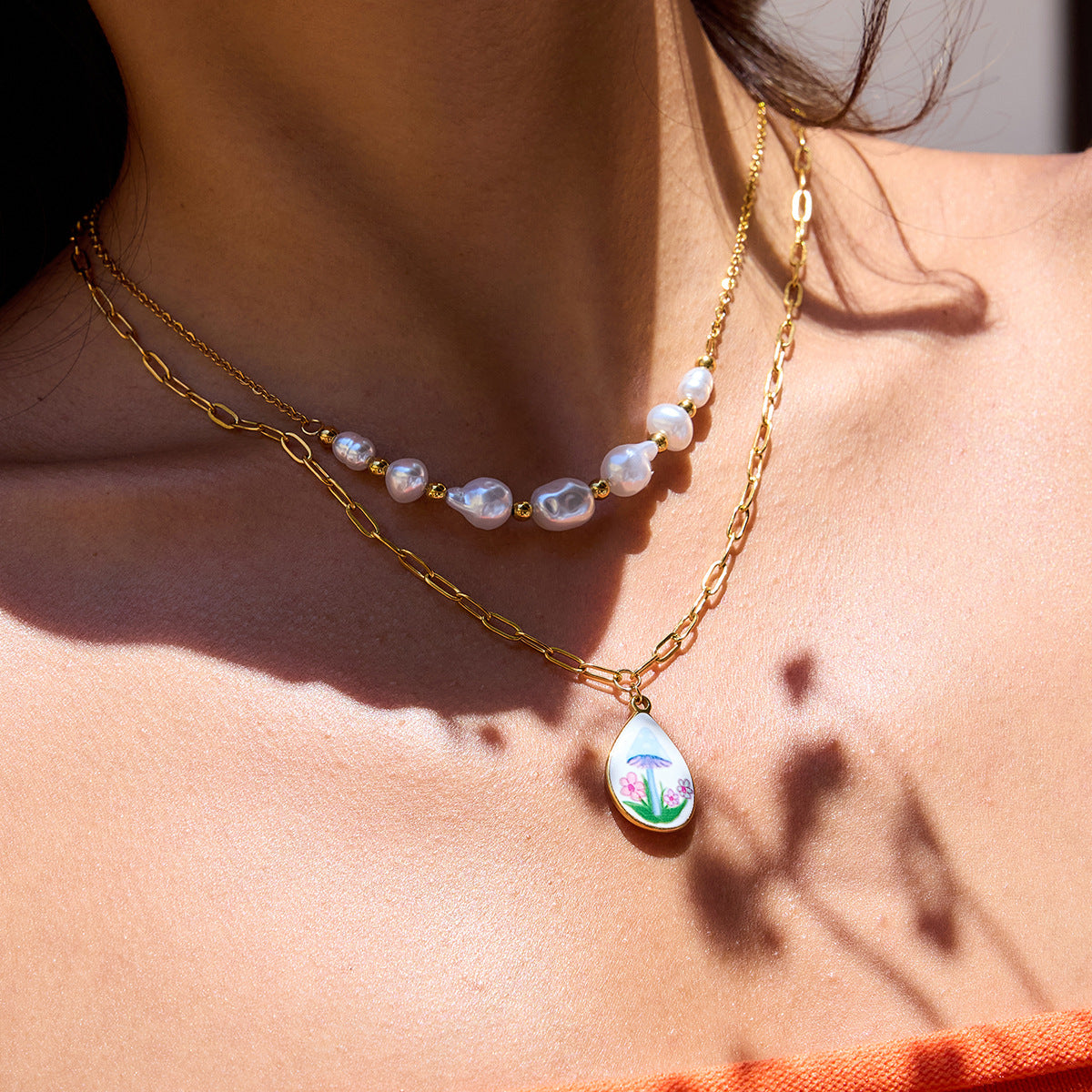 Wholesale 18K Gold Stainless Steel Pearl Double-Layer Necklace