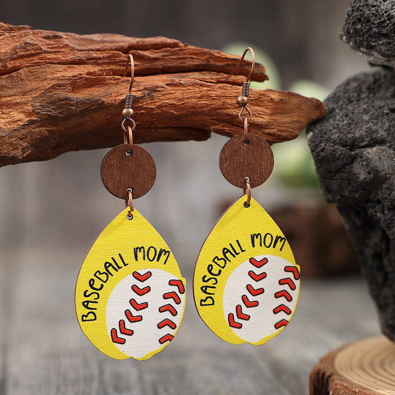 Wholesale Retro teardrop-shaped letter MOM Mother's Day wooden earrings