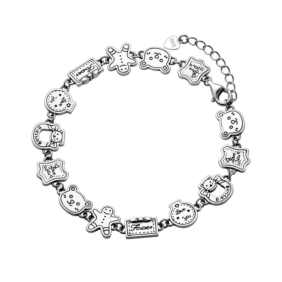 Wholesale 925 Graffiti Gingerbread Man Bear Sterling Silver Bracelet