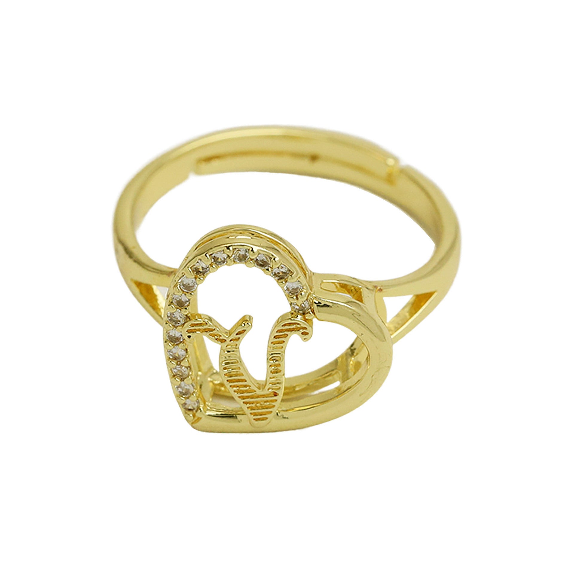 Wholesale  white gold heart-shaped love texture hollow 26 grass English letters open heart ring