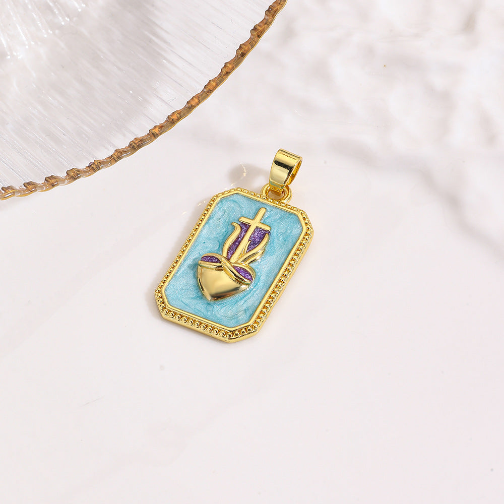Wholesale square color dripping copper love conch shell eye moon jellyfish tarot pendant necklace