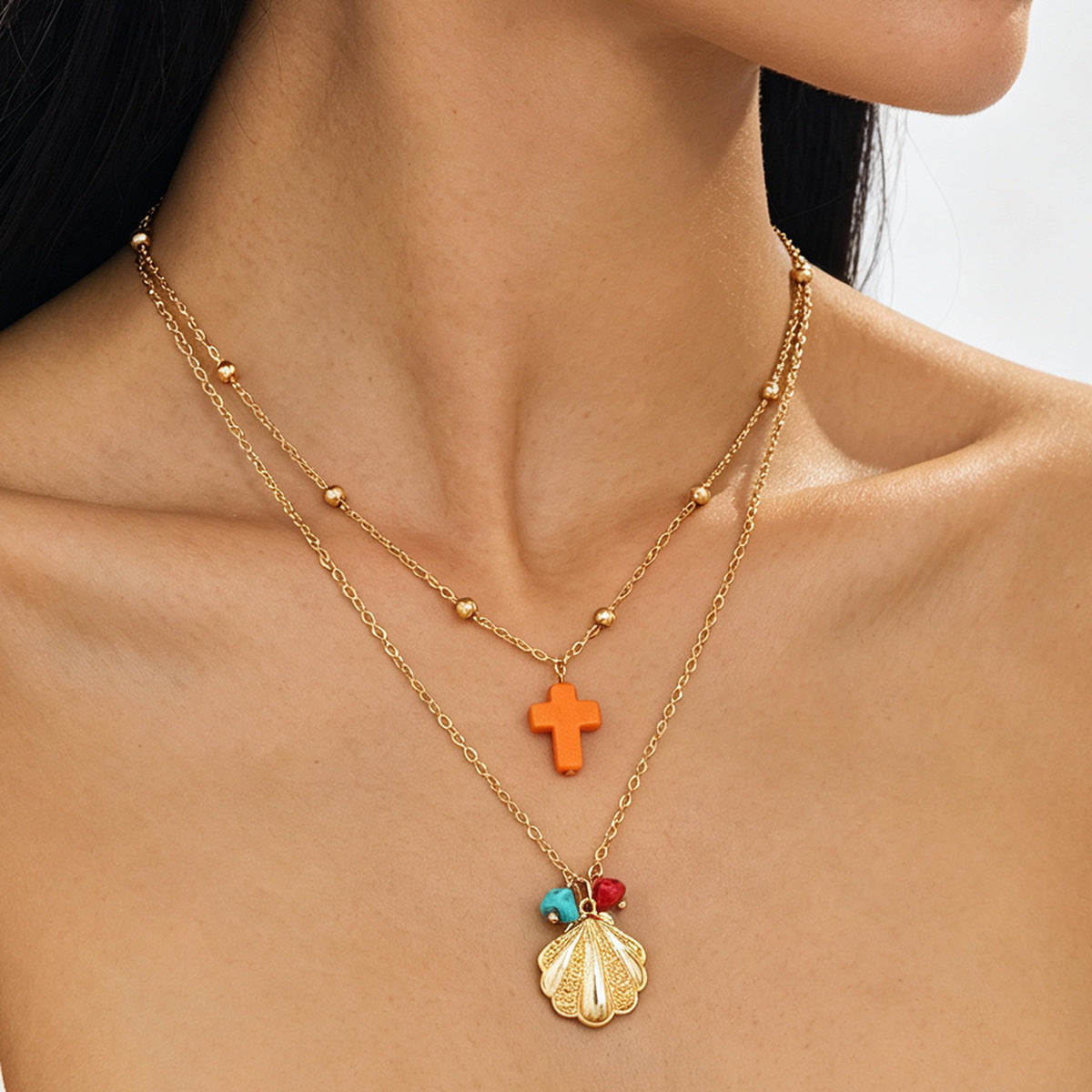 Wholesale Stylish Gold Double Layer Bead Chain Necklace With Colorful Cross Shell Pendant Casual Beach Layering Jewelry For Resale
