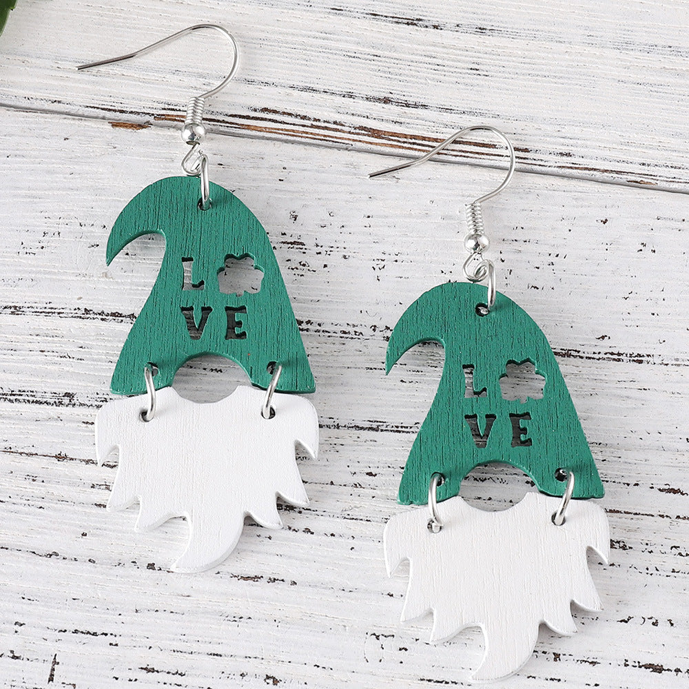 Wholesale St Patrick's Day green hat dwarf beard  LOVE wooden double-sided earrings