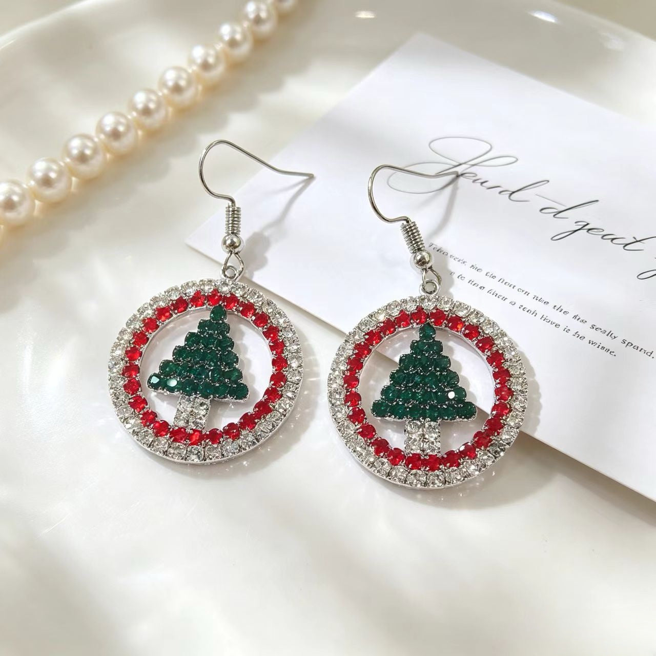 Wholesale Christmas Tree Design Rhinestone Stud Earrings Titanium Steel Electroplated White Gold Boutique Resale