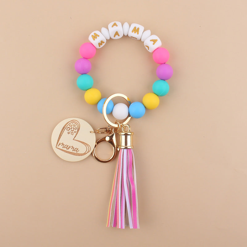 Wholesale Cartoon Love Wooden Brand MAMA Silicone Beaded Wrist Keychain ACC-KC-GuangTian026