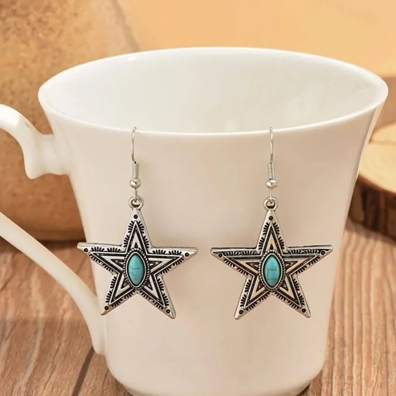 Wholesale  retro creative five-pointed star turquoise earrings