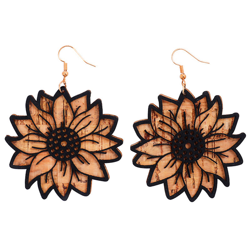 Wholesale 2 Pairs/Pack Vintage Distressed Cork Leather Western Bull Head Sunflower Earrings ACC-ES-HY170