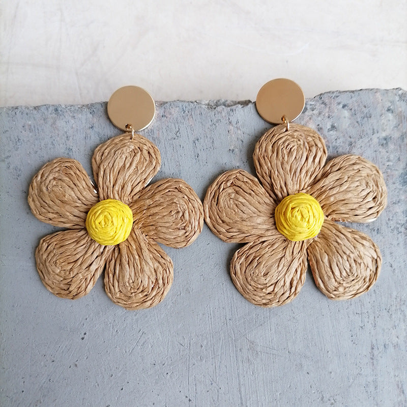 Wholesale 2 Pairs/pack Bohemian Rattan Raffia Colorful Flower Earrings ACC-ES-HY091
