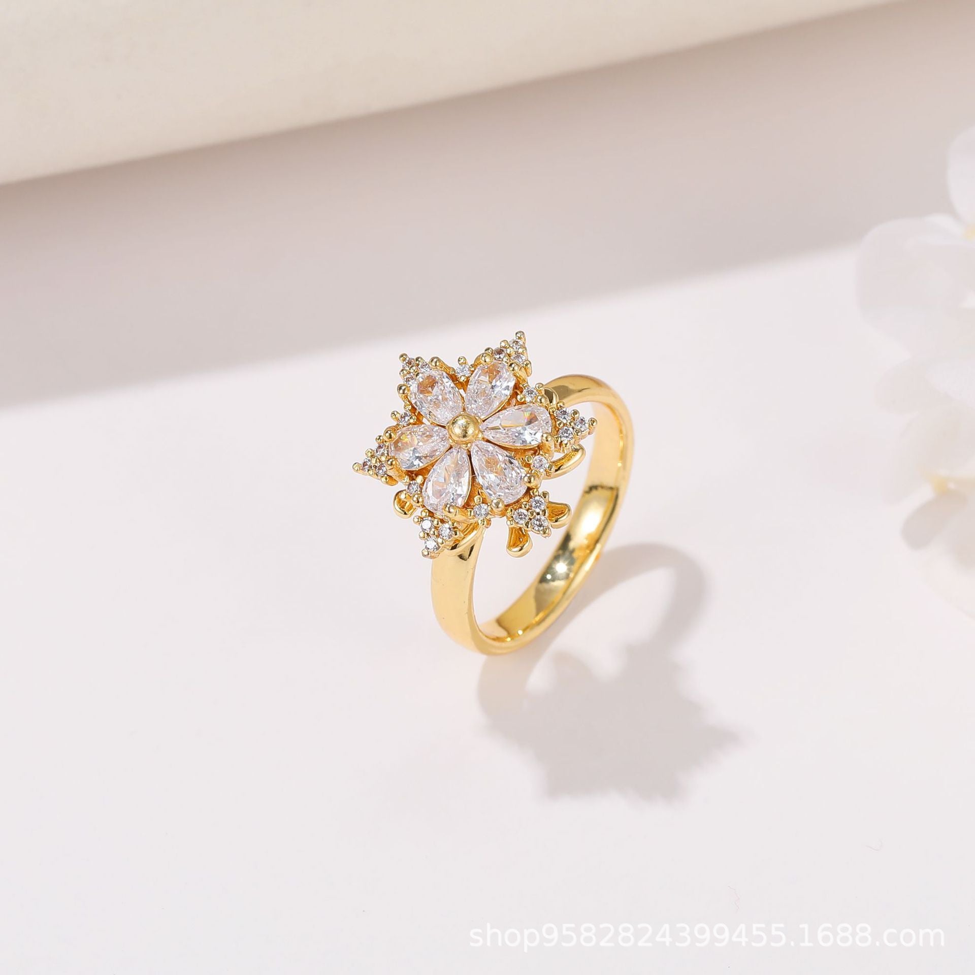 Wholesale 360° Rotating Double-Layer Flower Ring Gold Plated Zircon Fashion Accessory Boutique Gift
