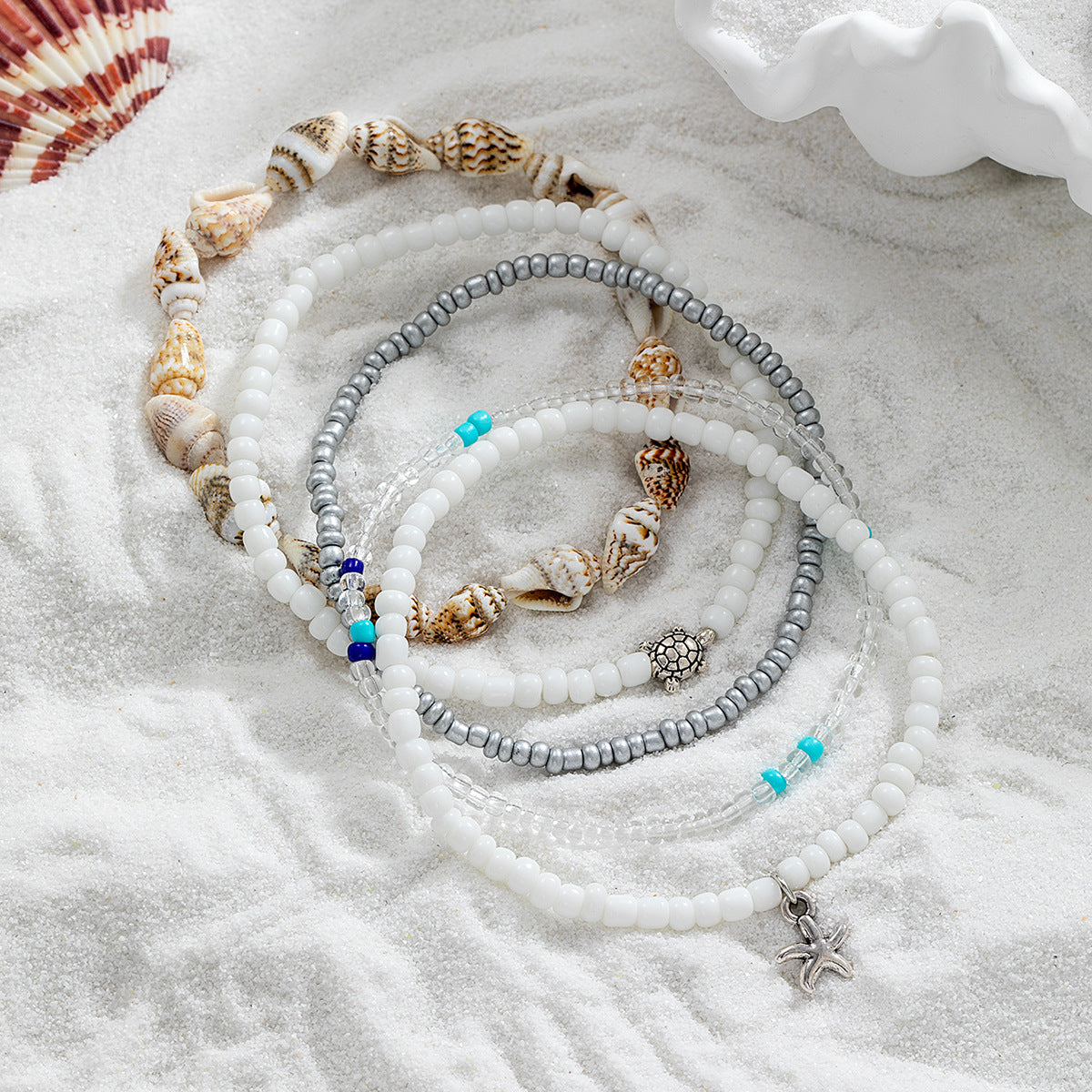 Wholesale Starfish and turtle pendant white rice beads conch anklet